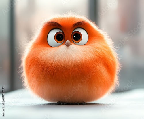 Adorable fluffy orange bird character, 3D render.