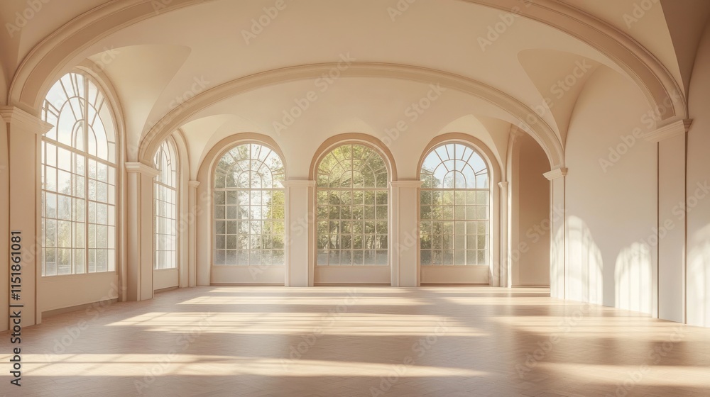 Fototapeta premium Sunlit Grandeur: An Elegant Empty Ballroom Basking in Golden Sunlight