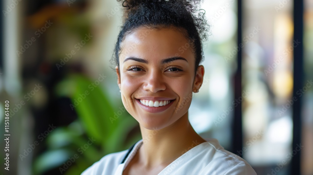 Portrait of mixed-race woman smiling in office wearing white scrubs hair up and tied back blurry background Portrait of mixed-race woman smiling in office wearing white scrubs hair up and tied back blurry background