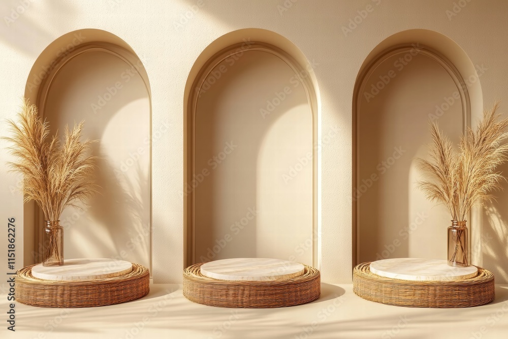 Minimalist Beige Interior with Three Round Wooden Display Stands Minimalist Beige Interior with Three Round Wooden Display Stands