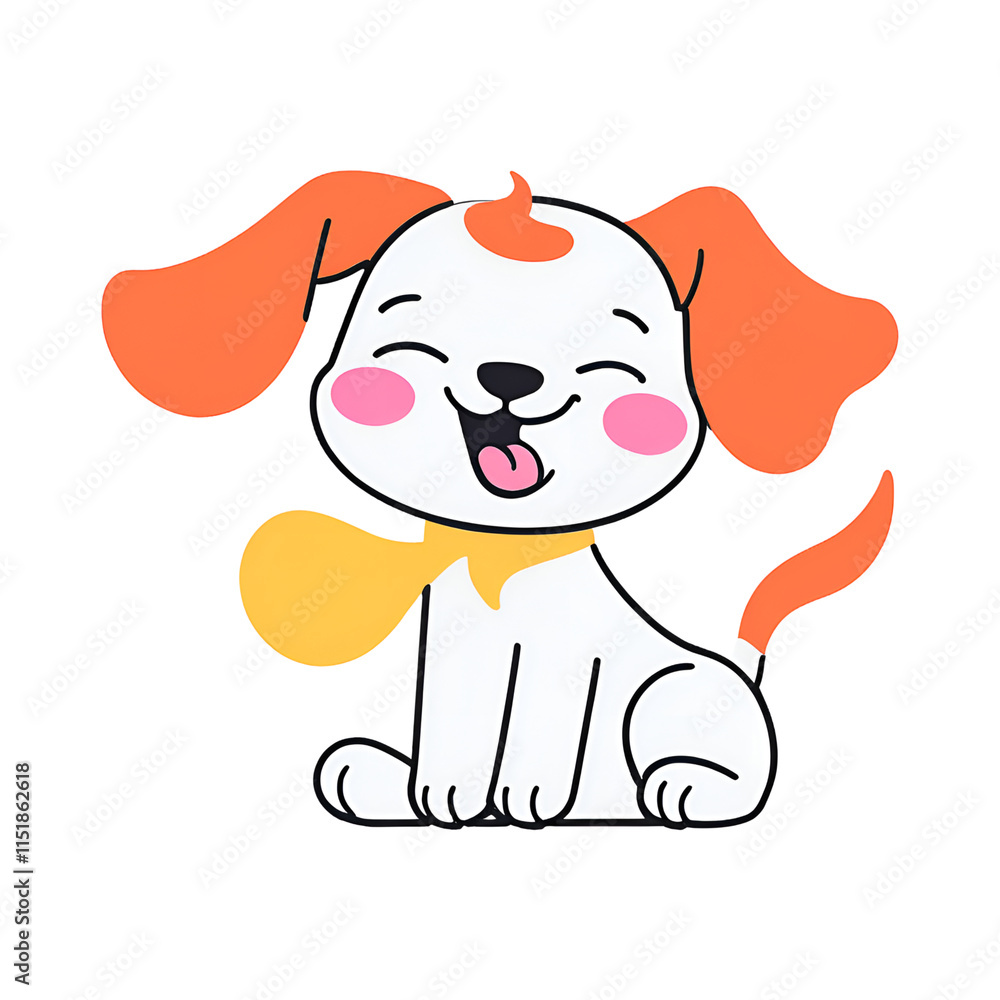 Fototapeta premium Adorable cartoon dog with orange ears and tail, a yellow scarf, and a happy expression. Perfect for kids' designs, stickers, or playful illustrations.