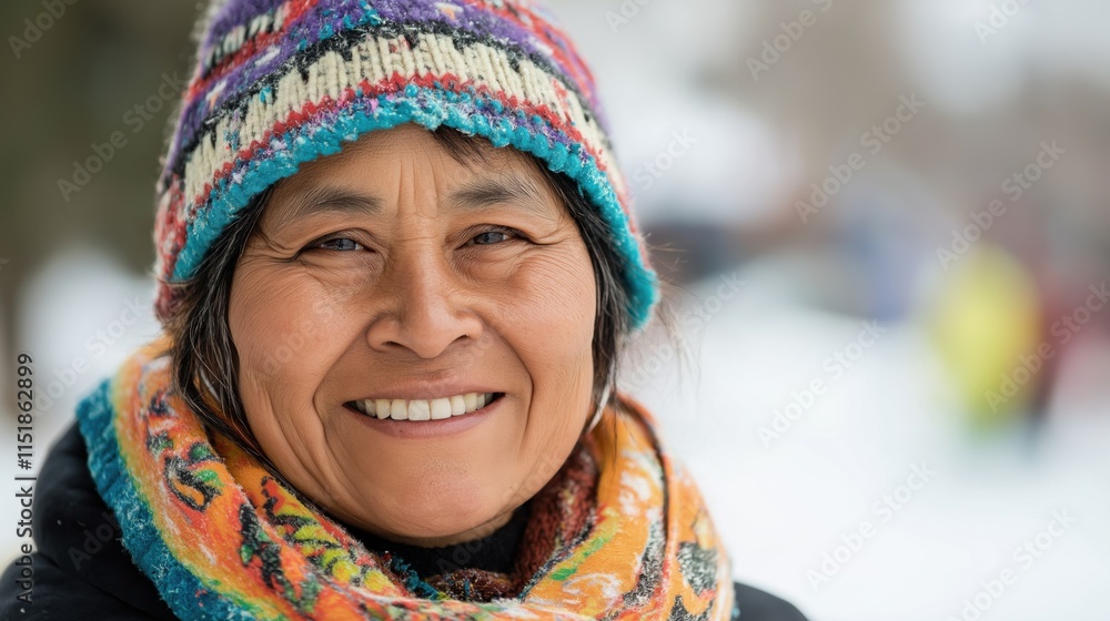 Portrait of Inuit woman in mid-40s smiling and wearing colorful winter vibrant scarf around head with snow-covered village in background Portrait of Inuit woman in mid-40s smiling and wearing colorful winter vibrant scarf around head with snow-covered village in background
