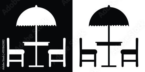 Terrace cafes icons. Vector symbol of outdoor dining cafes with table, chairs and umbrella in rooftop restaurant. Terrace icon set isolated on black and white background. Vector illustration.