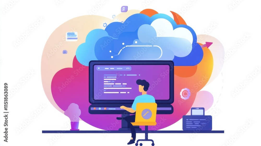 Cloud Computing Concept with Programmer at Desktop Station Cloud Computing Concept with Programmer at Desktop Station