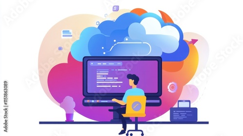 Wallpaper Mural Cloud Computing Concept with Programmer at Desktop Station Torontodigital.ca