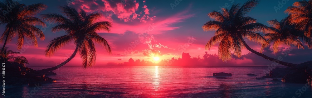 Neon Sunset with Palm Trees Over a Tropical Beach Neon Sunset with Palm Trees Over a Tropical Beach
