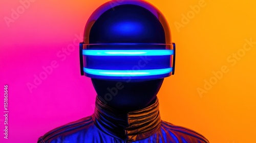 Futuristic helmet with glowing visor against vibrant pink and orange background. photo