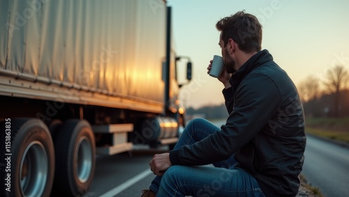 A truck driver taking a break at a rest stop, sipping coffee beside their parked vehicle