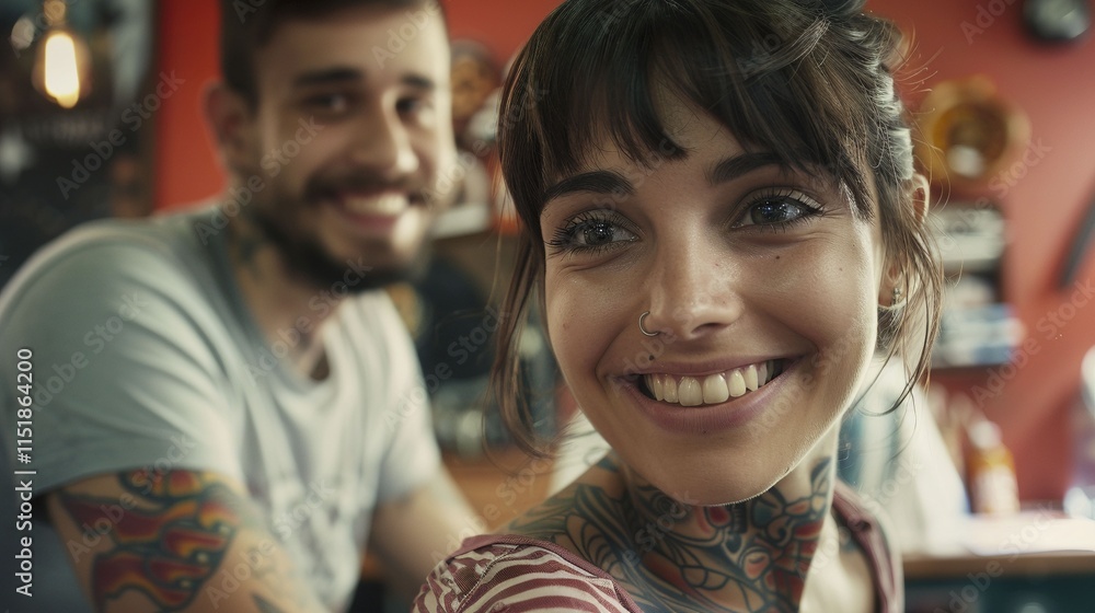 Cheerful woman with tattoos and piercings in vibrant studio portrait image. Tattooed couple picture photorealistic photography. Alternative culture hipster concept photo realistic Cheerful woman with tattoos and piercings in vibrant studio portrait image. Tattooed couple picture photorealistic photography. Alternative culture hipster concept photo realistic
