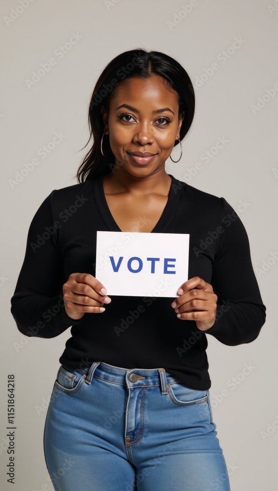 African-American woman holding a VOTE sign Black female voter empowering civic engagement African-American woman holding a VOTE sign Black female voter empowering civic engagement