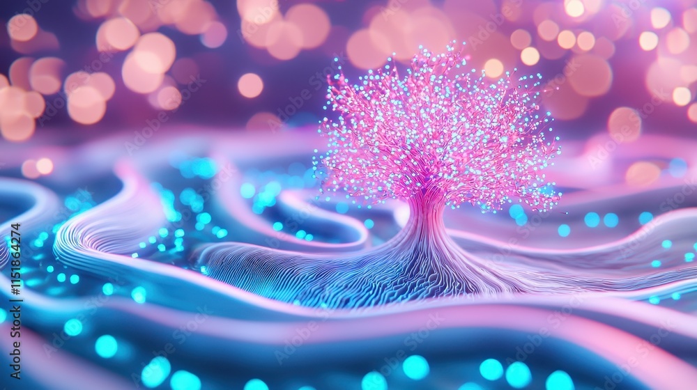Obraz premium Glowing Tree of Light Abstract Nature Futuristic Landscape Digital Art