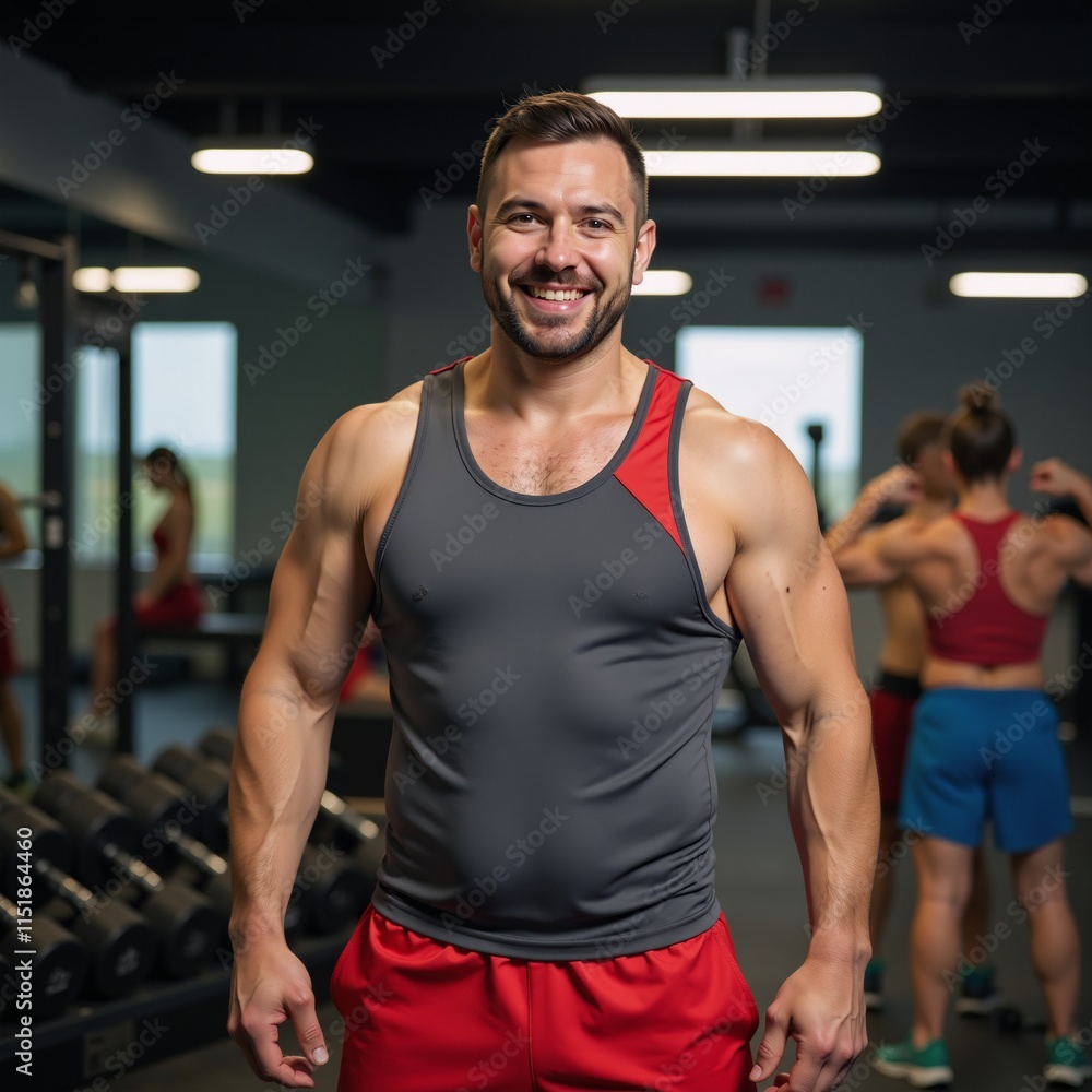 A close-up image of a 35-year-old obese man wearing coordinating gym attire smiles while working out set against an ambiently lit gym backdrop filled with other people exercising A close-up image of a 35-year-old obese man wearing coordinating gym attire smiles while working out set against an ambiently lit gym backdrop filled with other people exercising