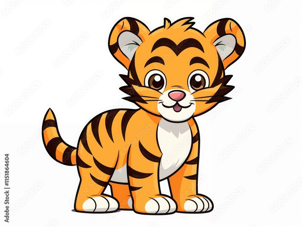 Cartoon tiger cub with orange fur and black stripes isolated on white background.Animal illustrations, children's books, educational materials, greeting cards, wildlife-themed designs. Innocenc Cartoon tiger cub with orange fur and black stripes isolated on white background.Animal illustrations, children's books, educational materials, greeting cards, wildlife-themed designs. Innocenc