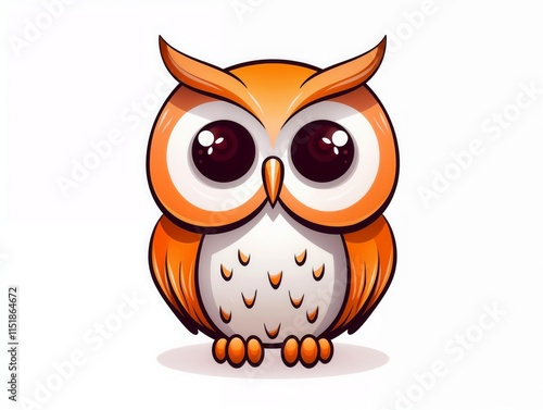 Cartoon owl with orange feathers and big eyes, isolated on white background.Educational illustrations, wildlife books, nature-themed designs, children's materials.Wisdom. Curiosity. Calm charact photo