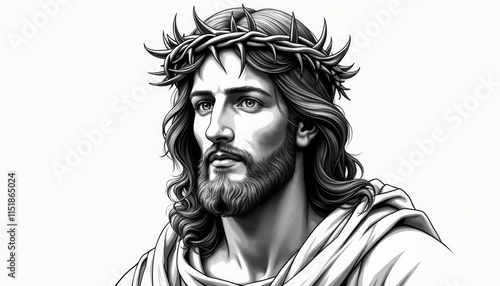 Wallpaper Mural Artistic Illustration of Jesus Christ with Crown of Thorns, isolated on white background.Religious art, Christian iconography, biblical illustrations.Peace. Spirituality. Divine presence. Torontodigital.ca