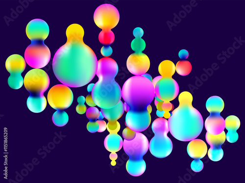 Colorful circles and ball on dark background. Abstract composition of 3D color geometric shapes.
