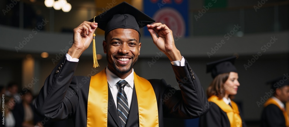 Fototapeta premium Cheerful African American male graduate in cap gown