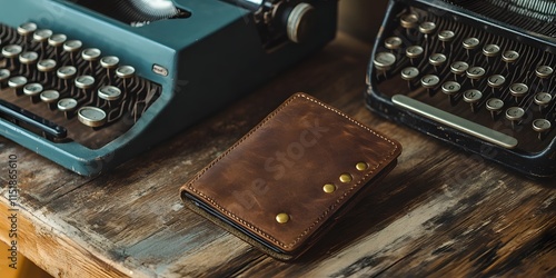Vintage Typewriters and Leather Notebook on Rustic Wooden Table