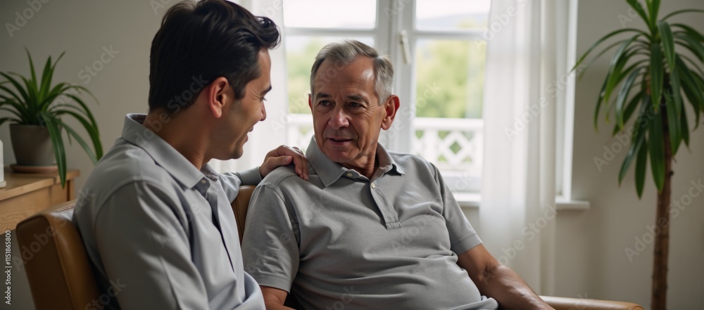 Fototapeta premium Emotional intergenerational therapy session between Hispanic and African American men