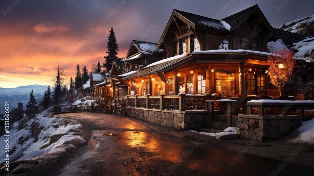Fototapeta premium Mountain Lodge at Sunset: A Winter Wonderland