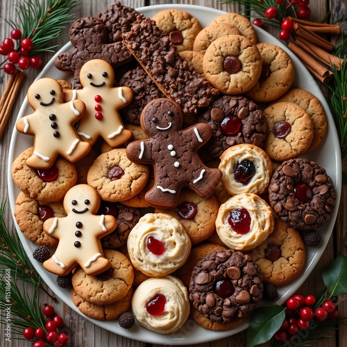 An overhead shot of a platter filled with a variety of cookies: gingerbread men, chocolate crinkles, thumbprints with jam