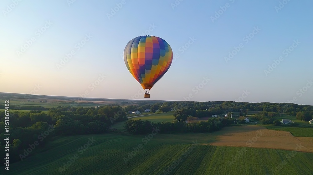 Obraz premium Colorful Hot Air Balloon Soaring Over Rural Landscape