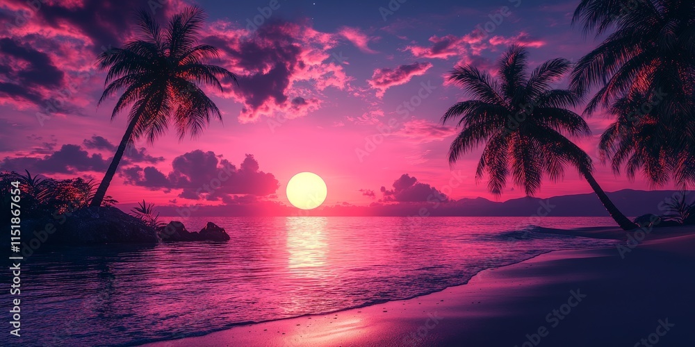 Neon Sunset with Palm Trees Over a Tropical Beach Neon Sunset with Palm Trees Over a Tropical Beach