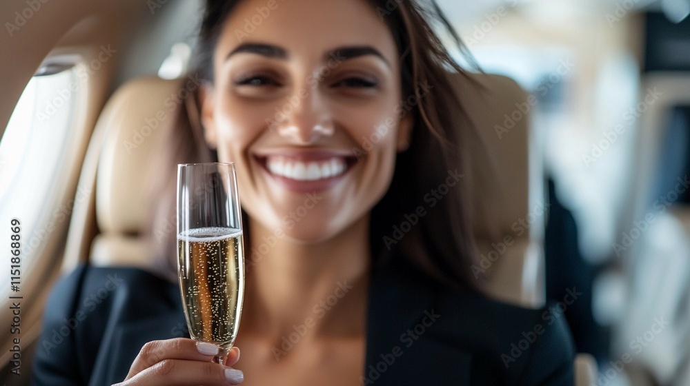 Businessman in luxurious airplane seat, smiling with champagne, symbolizing successful flight upgrade in premium environment. Businessman in luxurious airplane seat, smiling with champagne, symbolizing successful flight upgrade in premium environment.