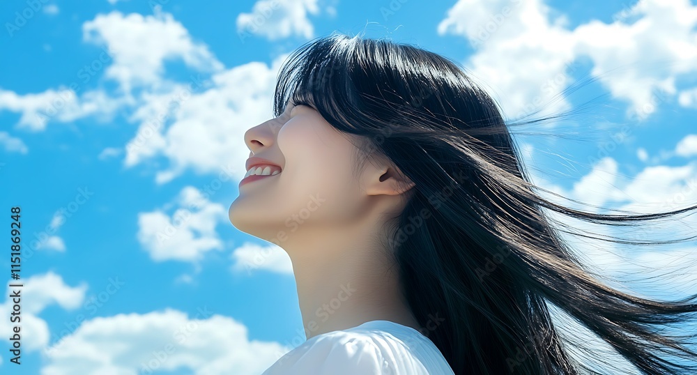Happy young woman looking up at a bright blue sky with fluffy white clouds, her long hair blowing in the wind. Happy young woman looking up at a bright blue sky with fluffy white clouds, her long hair blowing in the wind.
