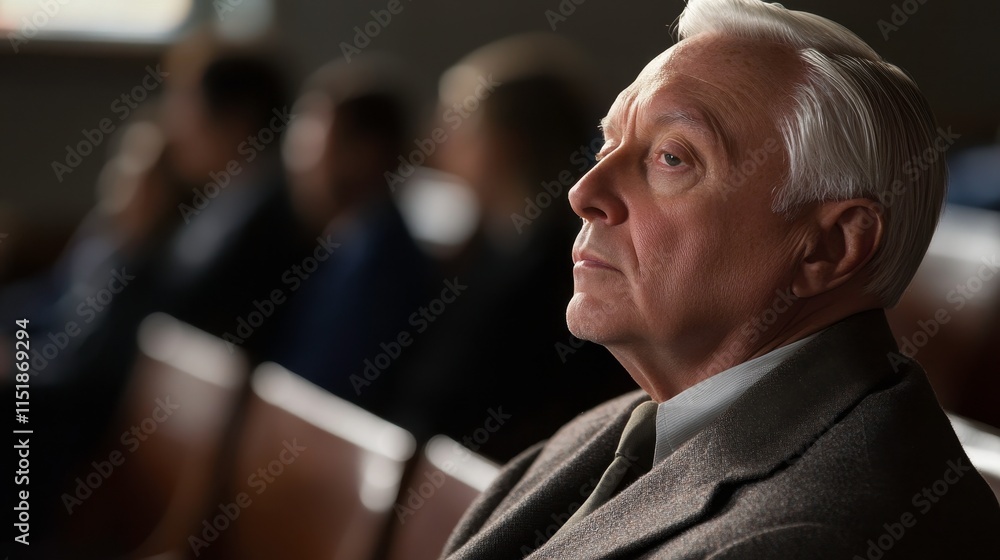 Pensive Man in Subdued Courtroom Setting Pensive Man in Subdued Courtroom Setting