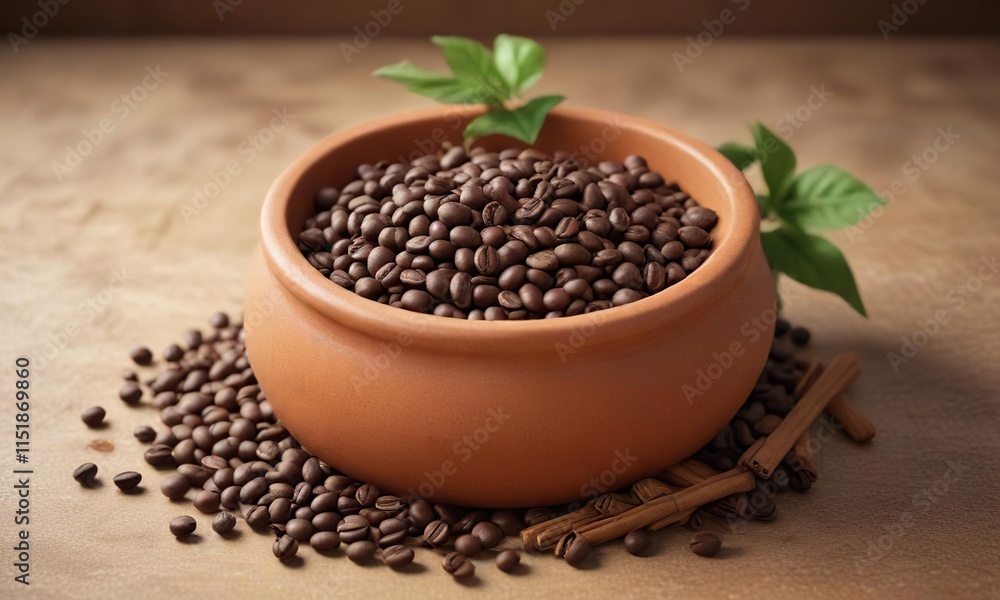 Coffee beans and spices in a terracotta planter, warm, spices, terracotta Coffee beans and spices in a terracotta planter, warm, spices, terracotta