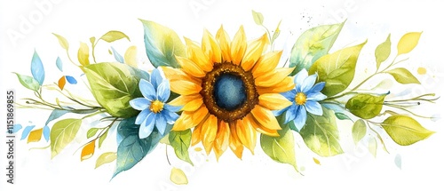 Fototapeta Naklejka Na Ścianę i Meble -  Watercolor Sunflower and Blue Flowers Arrangement