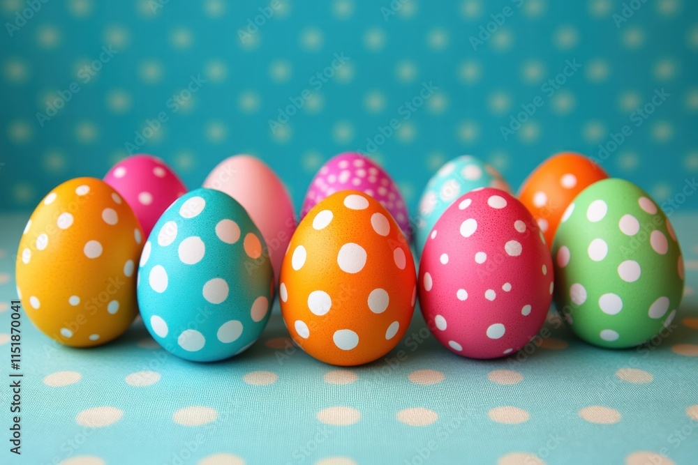 Obraz premium Colorful Polka Dot Easter Eggs on Teal Background
