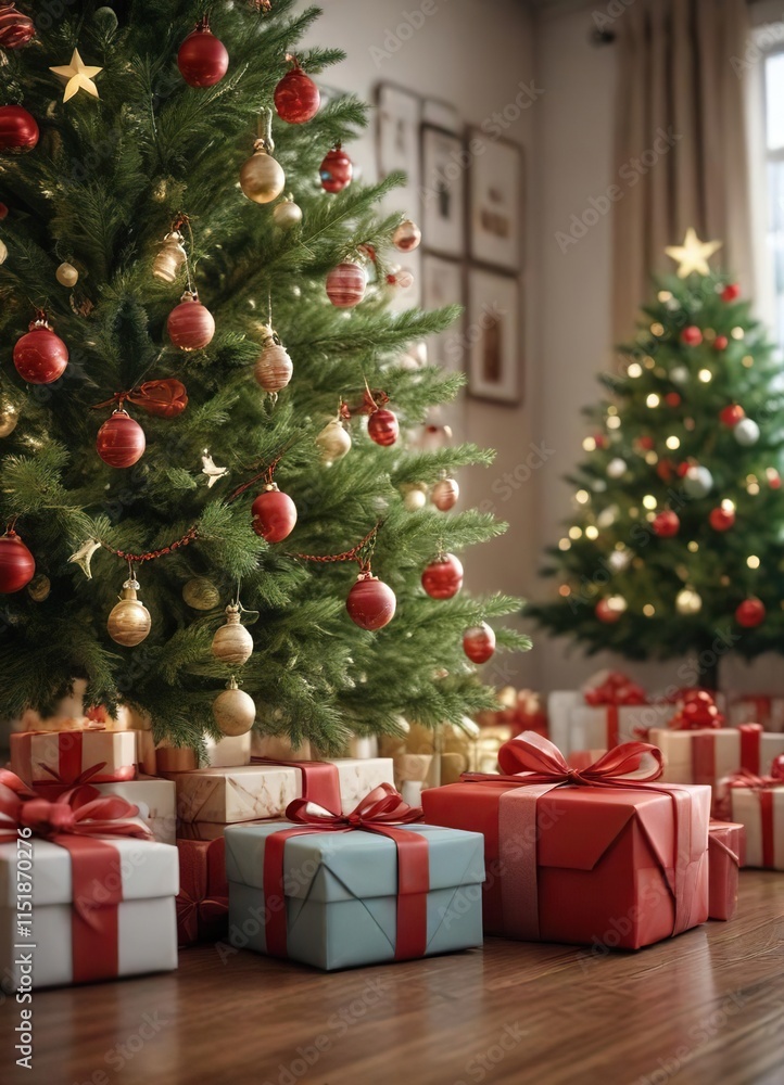 Gift-wrapped presents under the Christmas tree, gift wrapped, holiday decor Gift-wrapped presents under the Christmas tree, gift wrapped, holiday decor