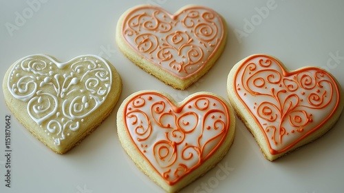 Beautifully Decorated Heart-Shaped Cookies with Intricate Swirls and Floral Designs for Valentine's Day or Celebrations