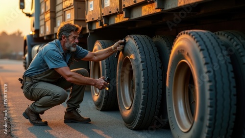 A truck driver inspecting their vehicle's tires and cargo before starting a long-distance journey