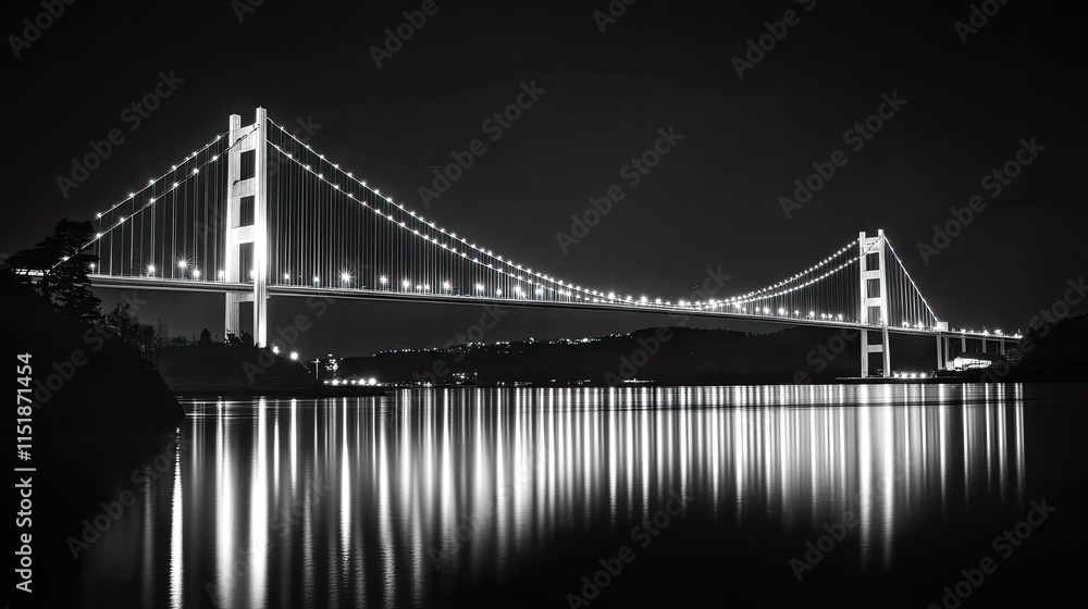 Fototapeta premium Illuminated Suspension Bridge at Night Reflecting in Water