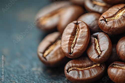 Close-up of roasted coffee beans, showcasing intricate details. photo