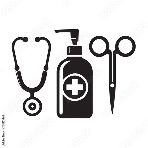 Medical Equipment Set Stethoscope, Hand Sanitizer, and Scissors - Healthcare Icons