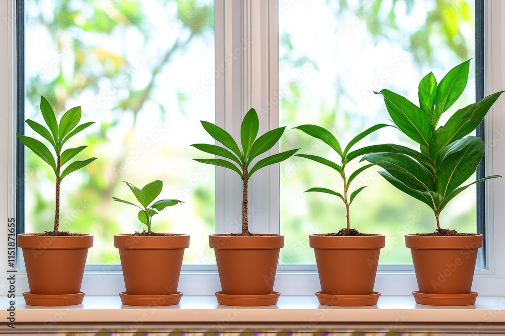 Fototapeta premium A series of potted plants arranged by size, from tiny sprouts to fully grown flowers, in a sunny windowsill
