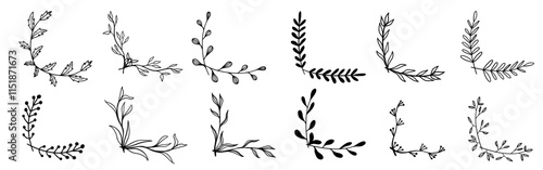 Floral hand drawn frame half corner rectangle wedding flourish doodle sketch monochrome set in minimalistic style.

