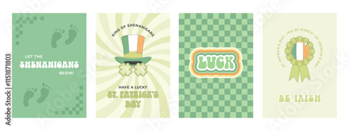 Happy groovy St. Patrick's day. Set of greeting cards, posters. Leprechaun hat, shamrock party glasses, rosette with Irish flag, leprechaun footprints, good luck wishes. photo