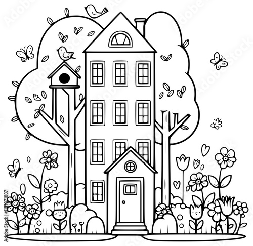 Cute house outline with fence, gate, trees, flower garden and yard for colouring purposes.	