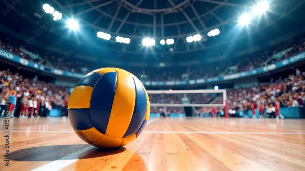 Volleyball ball against the background of a net and stands during a competition. Volleyball ball against the background of a net and stands during a competition.