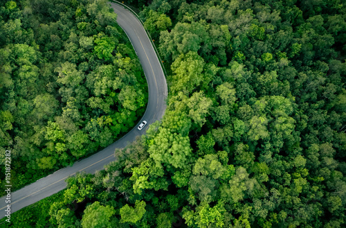 Aerial top view of electric vehicle driving on highway road in green forest. Sustainable transportation, zero emissions, and eco-friendly mobility for reducing carbon footprints. Road infrastructure.