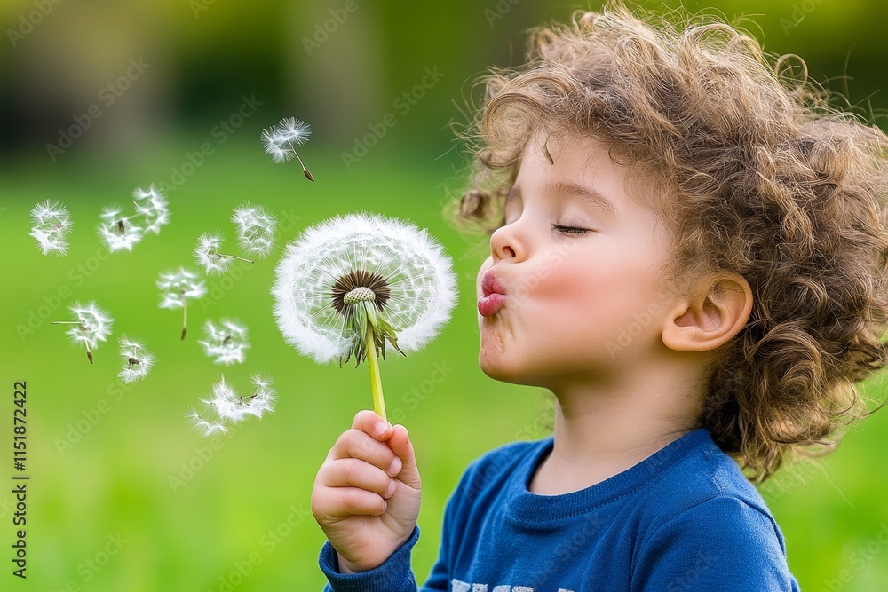 A child blowing dandelions in a grassy meadow, with seeds floating through the air under golden light A child blowing dandelions in a grassy meadow, with seeds floating through the air under golden light