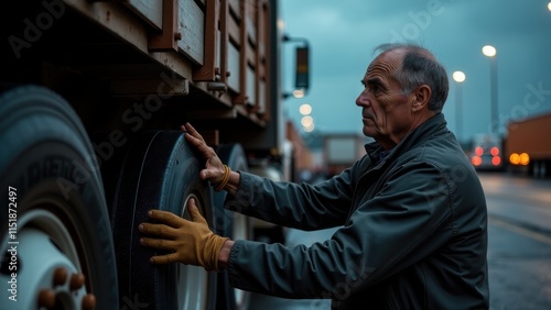 A truck driver inspecting their vehicle's tires and cargo before starting a long-distance journey photo