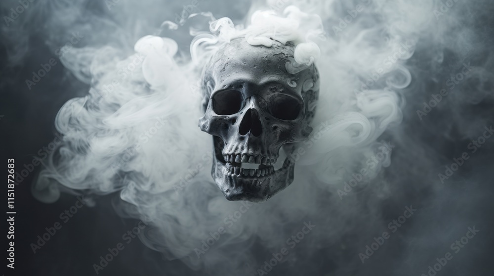 photograph of A skull is shown in the middle of a cloud of smoke photograph of A skull is shown in the middle of a cloud of smoke