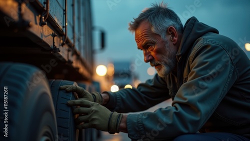 A truck driver inspecting their vehicle's tires and cargo before starting a long-distance journey photo