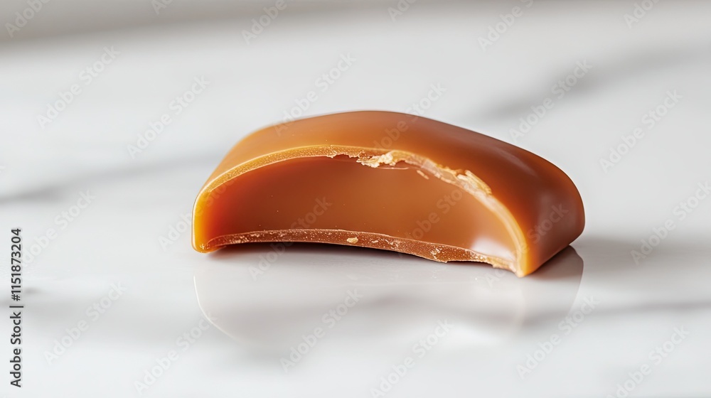 A glossy caramel candy bitten in half, revealing its gooey texture on a stark white surface. A glossy caramel candy bitten in half, revealing its gooey texture on a stark white surface.